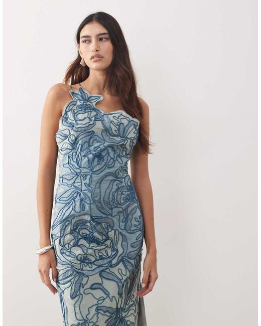 ARRANGE Blue Linear Floral Embroidered One-shoulder Column Maxi Dress