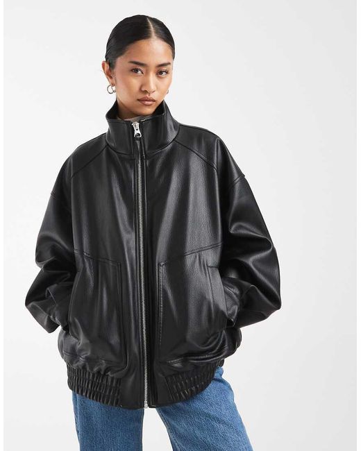 ASOS Black Oversized Leather Look Funnel Bomber Jacket