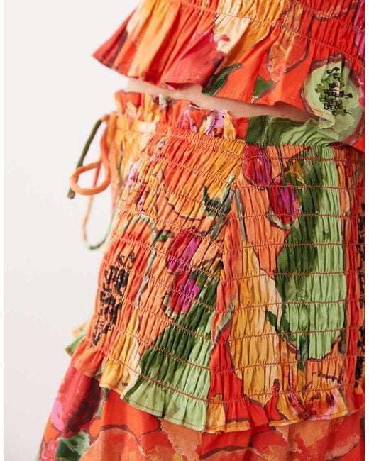 ASOS Orange Smocked Waist Tiered Maxi Skirt