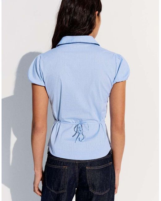 Bershka Blue Short Sleeve Poplin Shirt With Bow