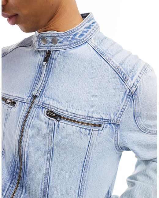 Giacca di jeans senza colletto lavaggio medio con pannelli di ASOS in Blue da Uomo
