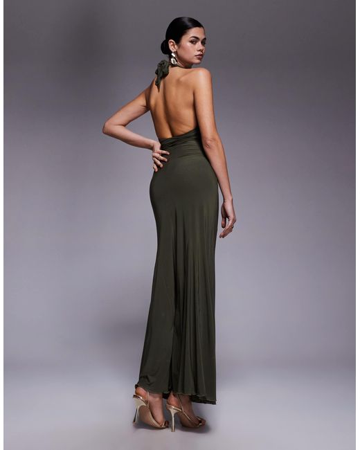 Fashionkilla Gray Exclusive Double Sculpted Slinky Plunge Halterneck Godet Hem Maxi Dress