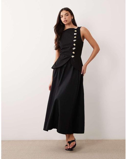 ASOS Black Linen Look Waistcoat Maxi Dress With Poplin Skirt