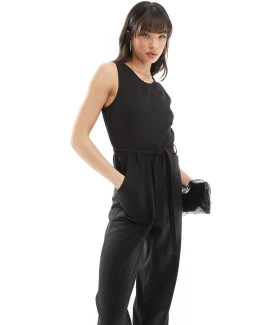 ONLY Black Sleeveless Belted Linen Mix Jumpsuit