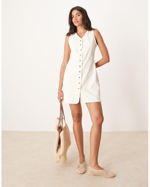 ASOS Natural Denim Sleeveless V Neck Dress With Button Through