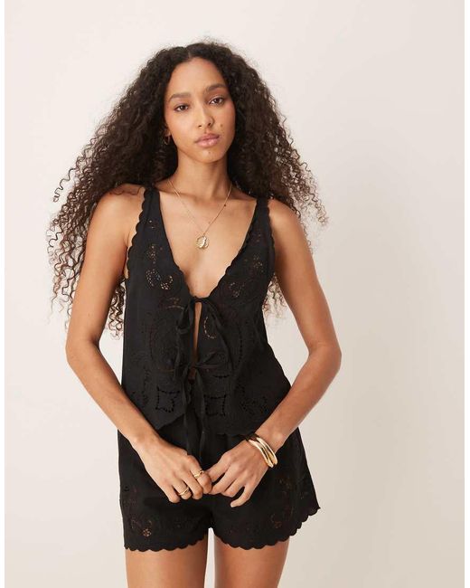 ASOS Black Blake Broderie Linen Blend Beach Waistcoat With Linen