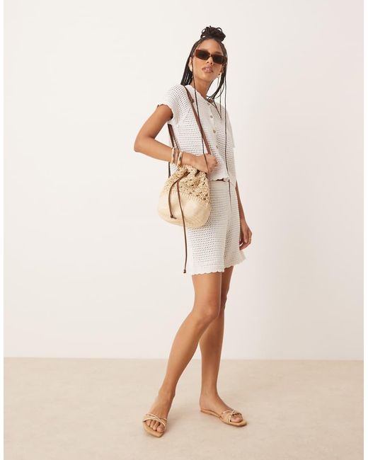 Gina Tricot Natural Co-ord Crochet Button Up Short Sleeve Top