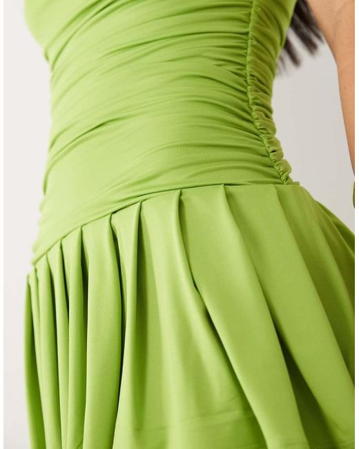 Aria Cove Green Slinky High Neck Sleeveless Ruched Waist Ruffle Skirt Mini Dress