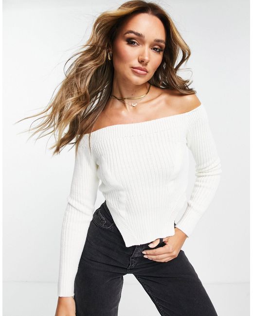 ASOS Synthetic Off Shoulder Jumper With Shaped Hem in White | Lyst