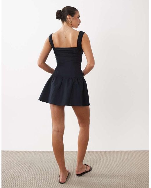 Lioness Blue Heart Shaped Linen Rich Milkmaid Button Detail Gathered Skirt Mini Dress