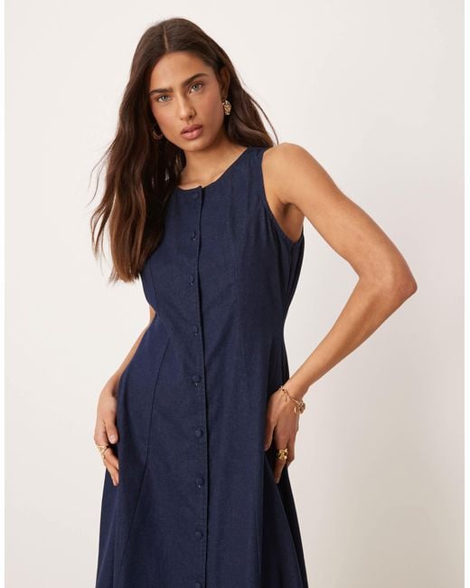 Nobody's Child Blue Shari Sleeveless A-line Button Denim Midi Dress