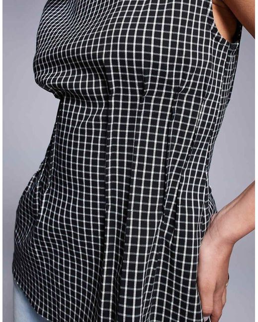 River Island Gray Pintuck Check Poplin Top