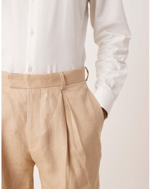 ASOS Natural Premium 100% Linen Tapered Suit Trousers for men