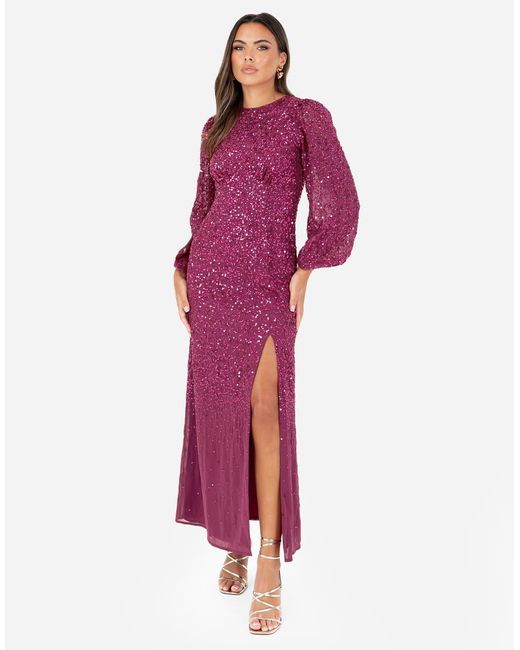 Maya Red Embellished Blouson Sleeve Maxi Dress