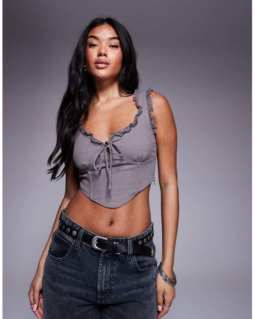 Princess Polly Gray Scarlett Tie-front Frill Trim Corset Top