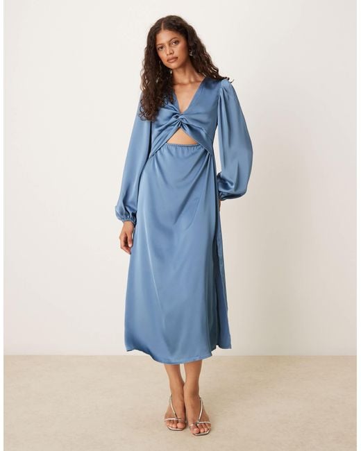 Vila Blue Long Sleeve Twist Front Satin Midi Dress
