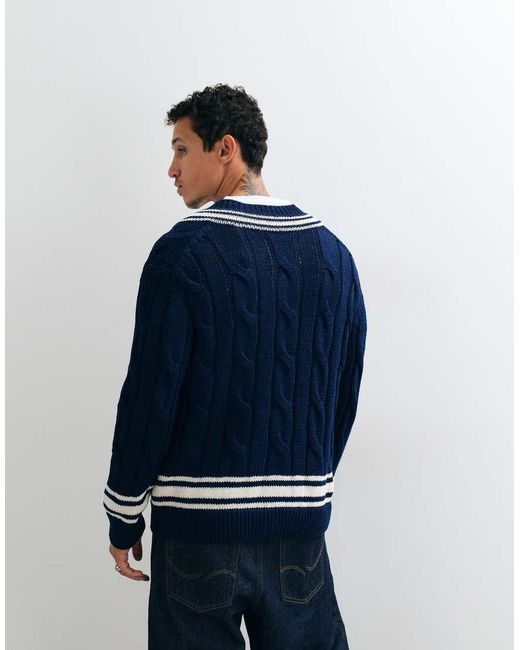 Gant Blue Mercerized Cottle Cable Knit V-neck Jumper for men
