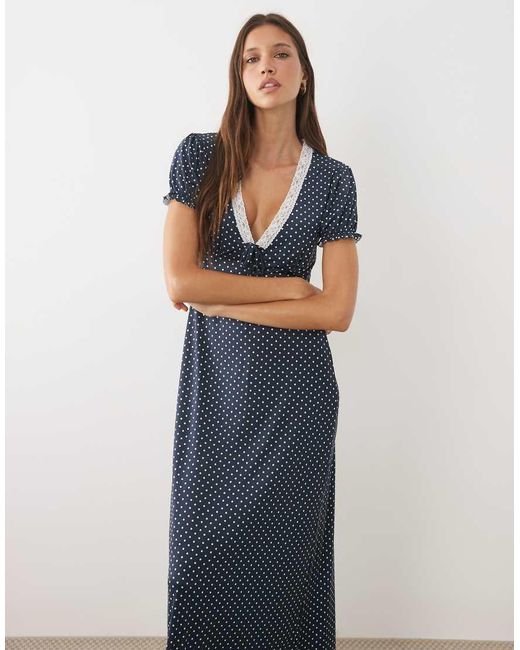 Miss Selfridge Blue V-Neck Maxi Tea Dress With Lace Trim