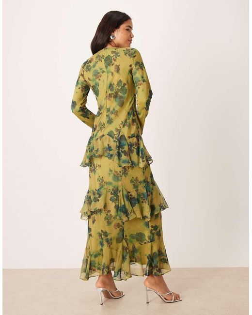 ASOS Green Long Sleeve Ruffle Chiffon Maxi Dress