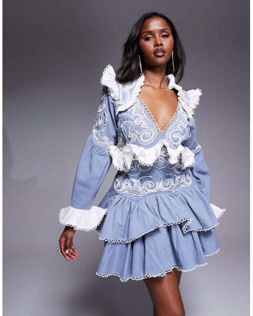 ASOS Blue – besticktes western-minikleid aus baumwoll-twill