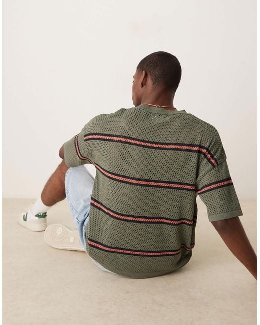 ASOS Green Relaxed Open Knitted Stripe T-Shirt for men