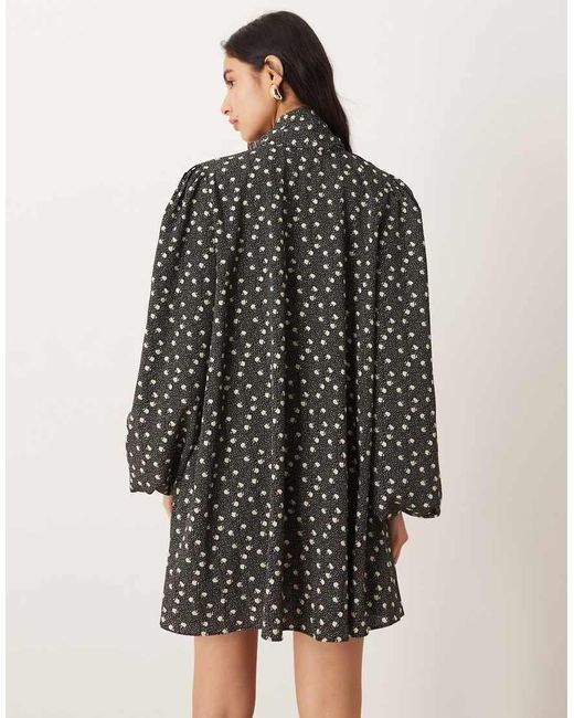 Glamorous Black Pussybow Smock Mini Dress With Balloon Sleeves