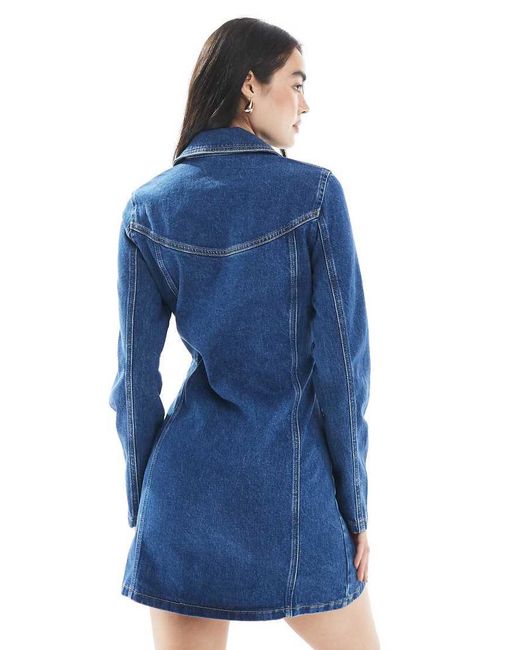 ASOS Blue Denim Mini Shirt Dress With Seam And Pocket Detail