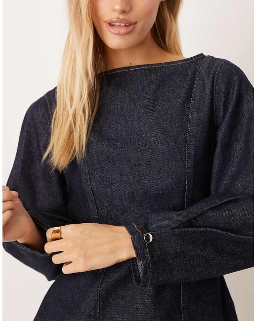 ASOS Blue Slash Neck Denim Blouse With Cocoon Sleeve