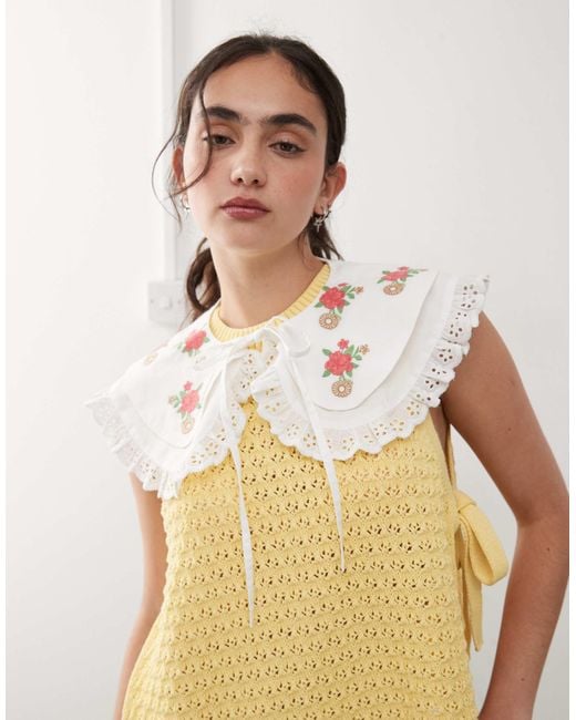 Reclaimed (vintage) Natural Oversized Tie Front Collar With Floral Embroidery