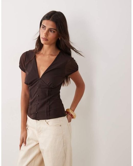 New Look Brown Lace Trim Mesh V-Neck Top