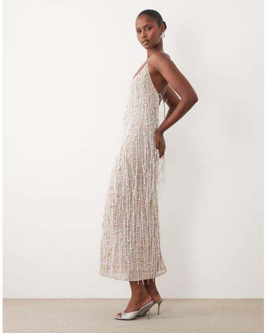 ASOS Natural Pearl Fringe Tassel Maxi Dress