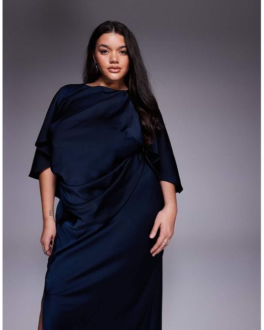 ASOS Blue Asos Design Curve Satin Ruffle Cape Sleeve Maxi Dress With Open Back Detail And High Split