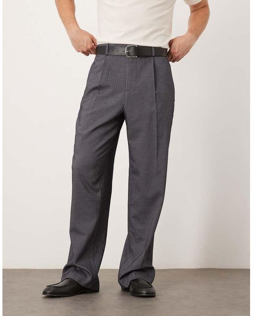 Pantalones De Vestir Grises De Pernera Ancha Con Patrón De Espiga, Pinzas Delanteras Y Cinturilla Elástica De ASOS de hombre de color Gray