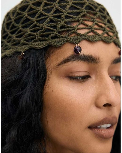 Stradivarius Green Rhinestone Skull Cap