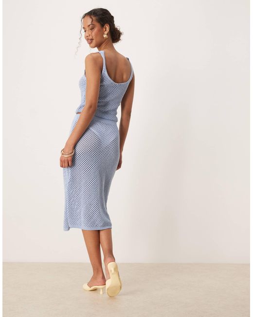 Mango Blue Crochet Straight Fit Embelished Midi Skirt Co-ord