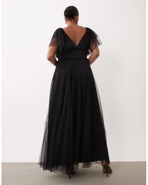 Lace & Beads Plus Black Bridesmaid Shirred Waist V-neck Mesh Flutter Sleeve Maxi Dress