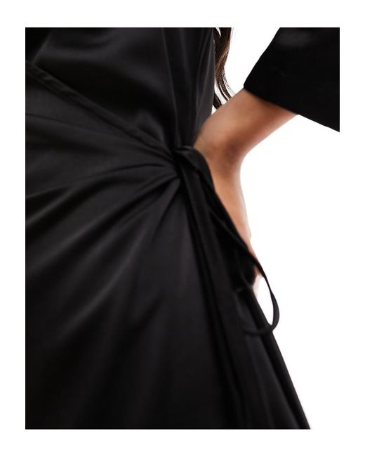 ONLY Black Satin Wrap Midi Dress