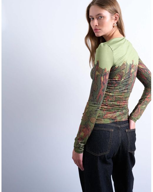 TOPSHOP Green Slash Neck Abstract Placement Print Microfibre Top
