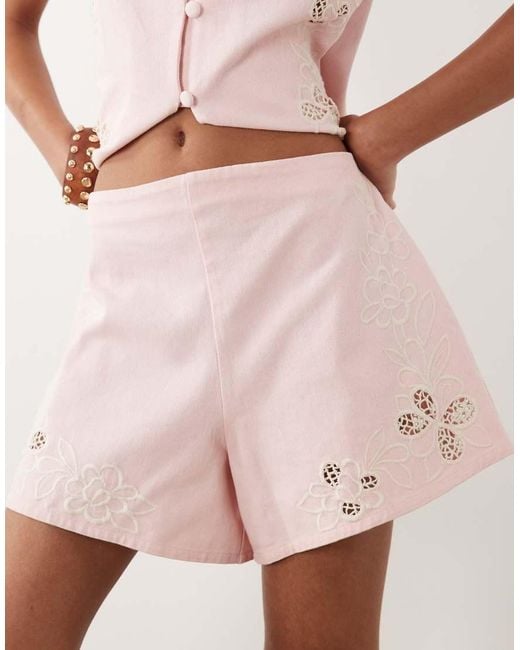 ASOS Pink Denim Shorts With Cutwork Detail