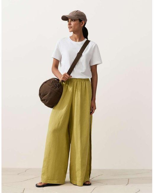 Oysho Natural 100% Linen Wide-Leg Trousers With Side Pleat