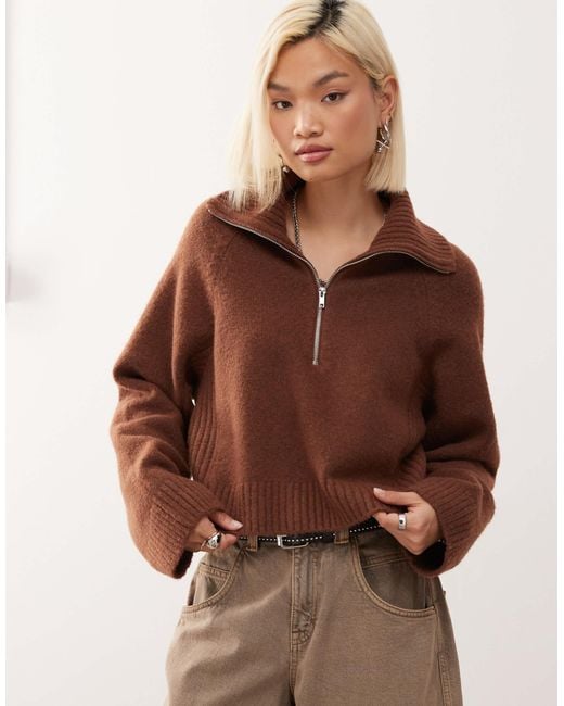Monki Brown Half Zip Jumper