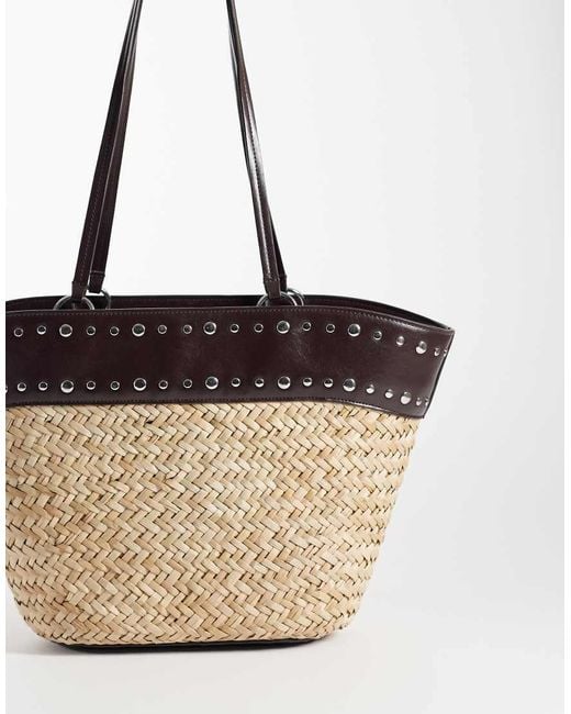 Mango Natural Woven Shoulder Bag With Faux Leather Studded Trim