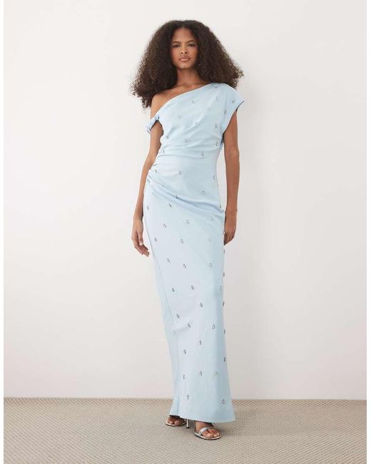 Six Stories White Fallen Shoulder Beaded Maxi Dress