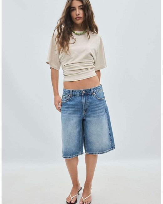 Stradivarius Blue Short Kimono Sleeve T-shirt