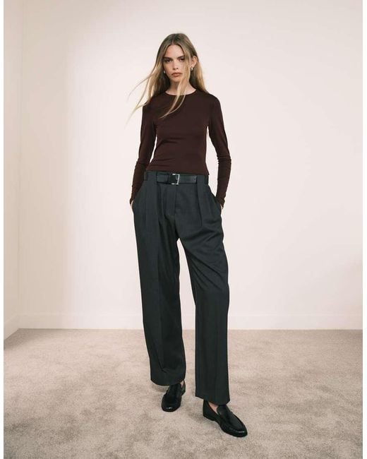 ASOS Natural Tailored High Waist Belted Straight Leg Pants