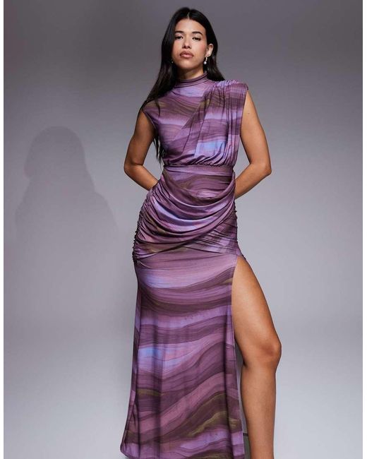ASOS Purple Printed Maxi Dress With Drape Detail And Capped Sleeve