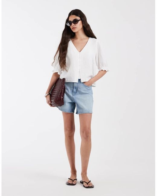 Pieces White Puff Sleeve Button Front Woven Blouse