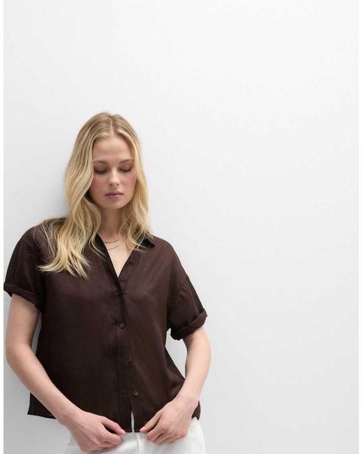 Intimissimi Brown Plain-Weave Linen Short-Sleeved Shirt