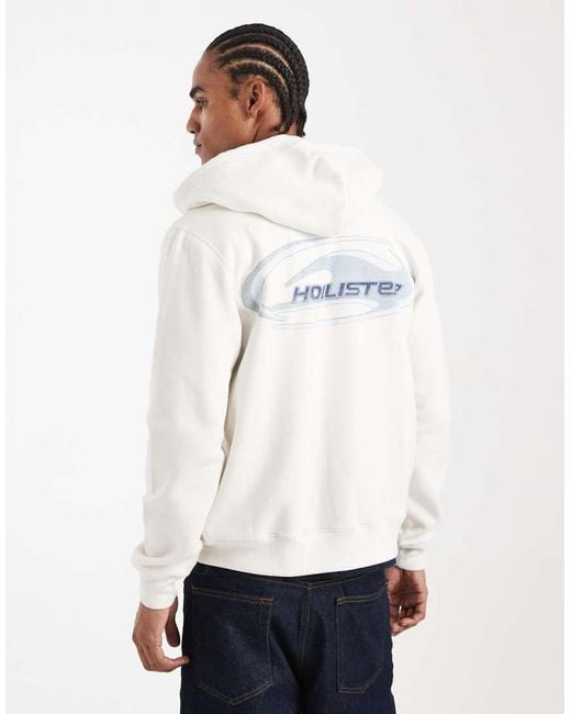 Hollister White Zip Up Hoodie With Back Logo Graphic Detail for men