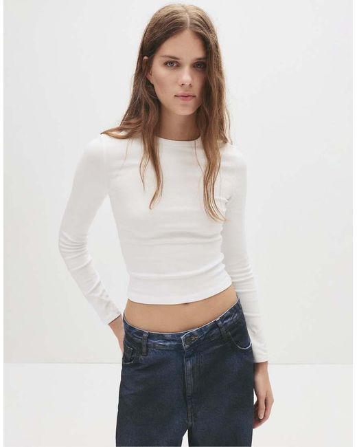 Pull&Bear White Fitted Long Sleeve T-shirt